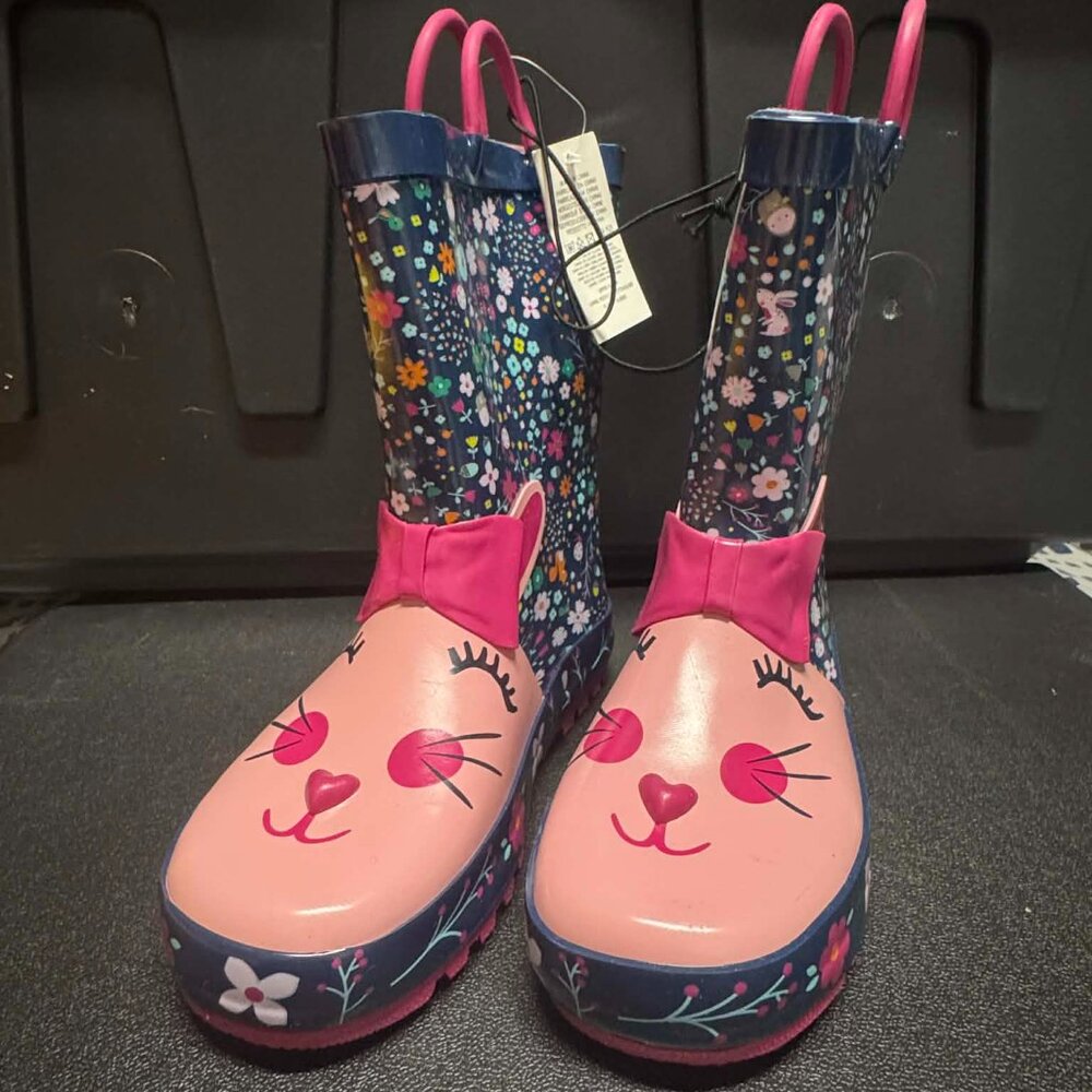 Toddler Bunny Rain Boots Pink Floral Waterproof Rubber Shoes Size 3